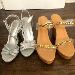 SOLD! Two pairs Size 11 silver Heels and cork platform Wedges
